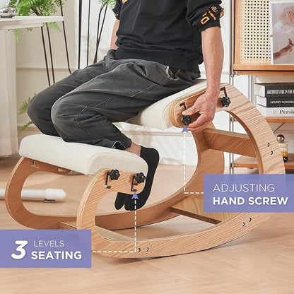 MoomJiee Ergonomic Kneeling Chair, Adjustable Rocking Knee Chairs for Home Office, Wooden Office Knee Chair for Back Pain Relief, Beige