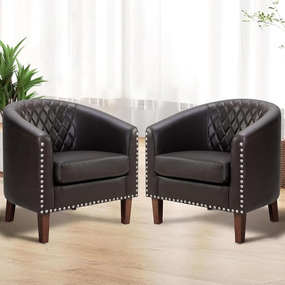 PrimeZone Barrel Chair Set of 2, Comfy Accent Chair, Faux Leather Living Room Chairs Club Chair with Cushion, Nailhead Trim and Diamond Grid Backrest, Reading Chair for Bedroom Waiting Room, Brown