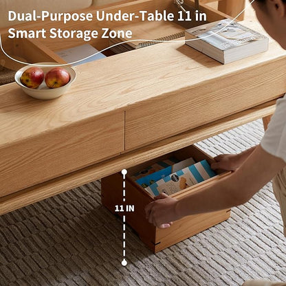 QKFF Wood Lift Top Coffee Table, 100% Solid Oak Wood Small Rising Dining Center Tables with Storage Shelf and Hidden Compartment for Living Room 48D x 26W x 26H