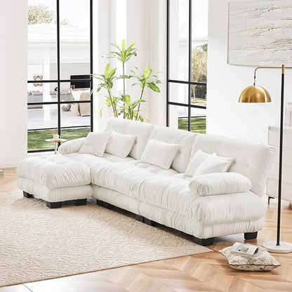 133.8" Oversized L-Shape Modern Chenille Couch, 3 Seater + 1 Ottoman, Upgraded-White