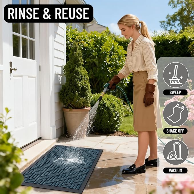 OLANLY Front Door Mat Outside Entrance 47x17, Absorbent, Heavy Duty Sturdy Natural Rubber Doormat Indoor Outdoor, Non-Slip, Stain and Fade Resistant, Low Profile Floor Mat for Entryway, Lake Blue