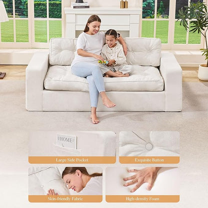 Hobestluk 3-Seater Sofa Boneless Couch with Tufted Button Design 2 in 1 Comfy Cloud Couch Oversized Sofa for Living Room Bedroom Apartment or Office (Beige, 3 Seater)