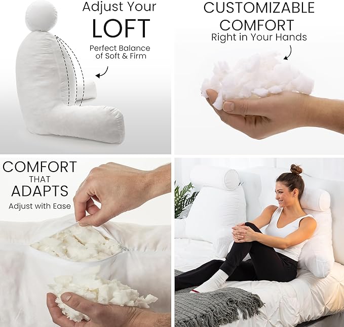 Husband Pillow Medium White, Backrest for Kids, Teens, Petite Adults - Reading Pillows with Arms, Adjustable Loft, Plush Memory Foam, Bed Rest Chair for Sitting Up, Detach Neck Roll, Removable Cover