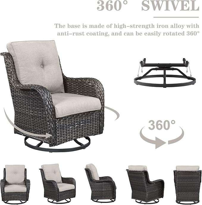 Belord Outdoor Wicker Furniture Patio Set - 7 Piece Backyard Furniture Brown Rattan Conversation Sets with Swivel Rocker Chairs, Rattan Sofa, Club Chairs and Coffee Table, Beige Cushion