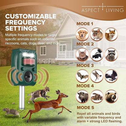 Solar Ultrasonic Animal Repellent Outdoor, Squirrel Deer Repellent Devices Motion Detection,IP65 Waterproof Cat Mouse Raccoon Dog Bird Repellent Deterrent