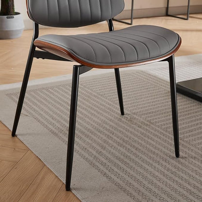 YaFiti Dining Chairs Set of 4, Mid Century Modern Accent Dining Room and Kitchen Chairs, Upholstered PU Leather Vertical Stripe Chairs for Vanity with Walnut Bentwood and Metal Legs, Gray