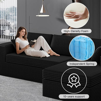 luckyvo 108-inch Boneless Couch for Living Room，Comfy Boneless Sofa with Deep Seats & Chaise Lounge, 3-Seat Modular Sofa Memory Foam Sectional Couches - No Assembly Required(Dark Black)