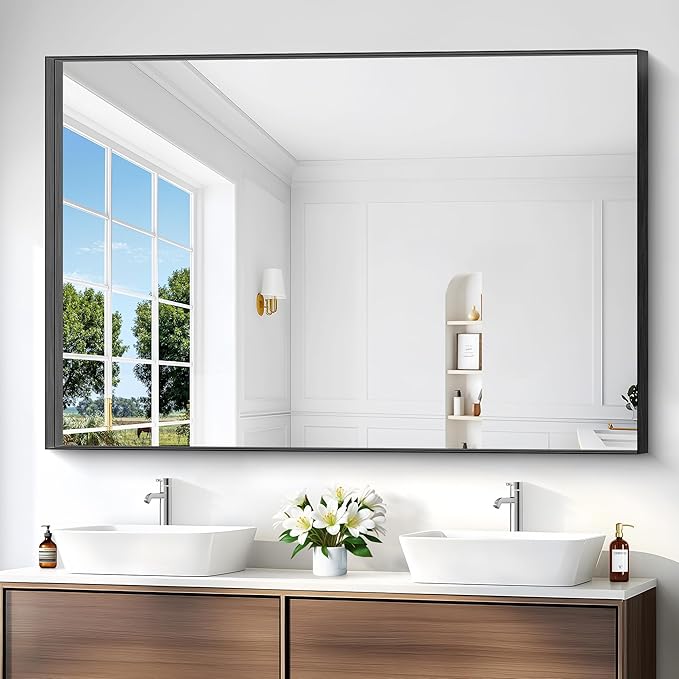 Black Bathroom Mirror, 42x42 Inch Rectangular Framed Mirror, Large Wall Mounted