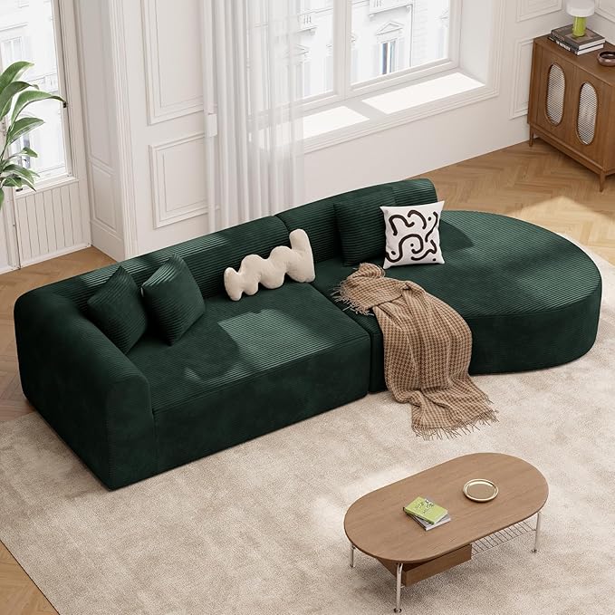 128" Oversized Modern Curved Sofa,Boneless Cloud Sectional Couch with Deep Seat,No Assembly Required Corduroy Couches for Living Room,Green,1 PCS