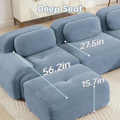 152" Modern Corduroy Cloud Sofa with Ottoman, U Shaped Boneless Modular Large Sectional Couches for Living Room, Blue 4 Seater Compressed Memory Foam Couch, Extra Deep Seat, No Assembly