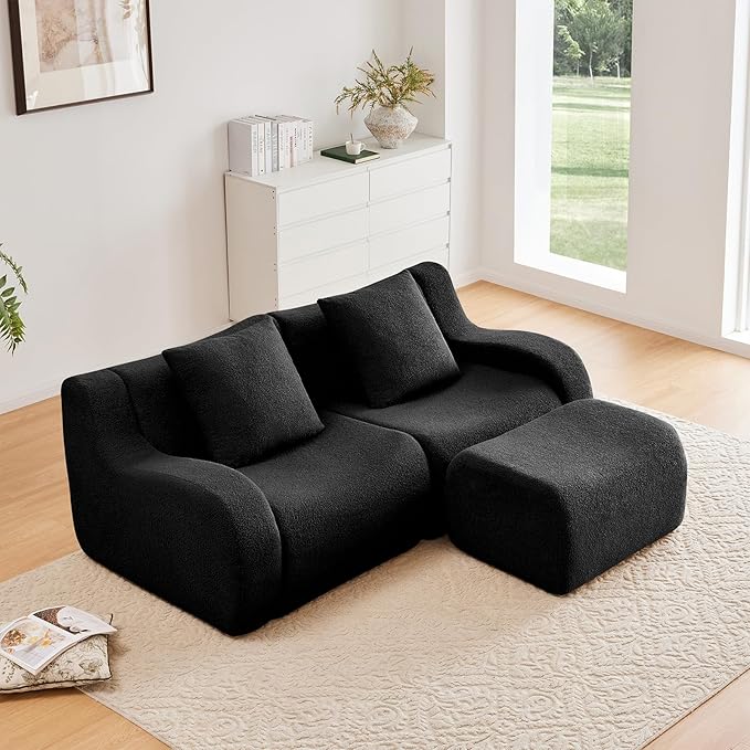 Black Modular Cloud Couch Loveseat with 1 Ottoman, Teddy Fabric Boneless Sectional Sofa in a Box, Comfortable Floor Sofa for Living Room, No Assembly Required, Sofas para Sala