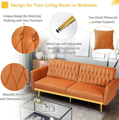 70” Velvet Futon Sofa Bed w/Adjustable Armrests & 2 Pillows, Convertible Futon Couch w/Adjustable Backrests, Modern Sleeper Bed for Living Room, Bedroom, Orange