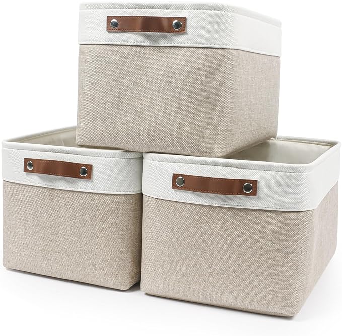 Storage Bins Large Fabric Storage Baskets for Shelves 3 Pack, Decorative Linen Closet Baskets with Handles for Organizing, Shelf, Clothes, Home, Office, 15x11x9.5Inches (Beige&White)