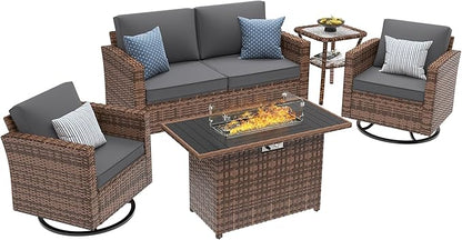 UDPATIO 5 Pieces Patio Furniture Set with Fire Pit Table, Outdoor Furniture Set with Rocking Swivel Chairs, Wicker Patio Set with Waterproof Cover, 4'' Thickened Cushion, Grey