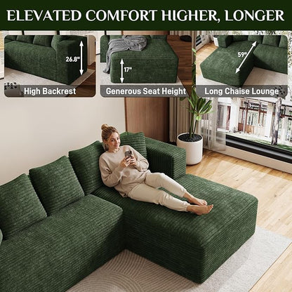 Modular Sectional Sofa, 107" L Shaped Cloud Couch Plush Corduroy Deep Seat Boneless Sofas with 5 Pillows Long Chaise Lounge Couches Memory Foam for Living Room - Green, Right Facing Chaise