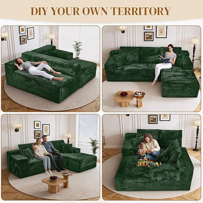 108" Boneless Cloud Sectional Couches for Living Room, Fluffy Comfy Soft L Shaped Memory Deep Seat Foam Boneless Couch, Modular Sectional Sofas with Right Facing Chaise, Green