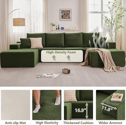 135" U-Shape Cloud Couch, Modern Modular Sectional Comfy L-Shape Sofa with Ottoman, Deep Seat, Upholstered Corduroy Sleeper Chaise Longue for Living Room Bedroom, No Assembly Required, Green