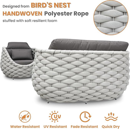 Erotr Aluminum Patio Furniture Set: 4 Pieces Woven Rope Outdoor Conversation Sofa Set Assembled - Modern Cushioned Armchair Couch Set for 660lbs Porch Deck Backyard Poolside Garden Drawing Room Hotel