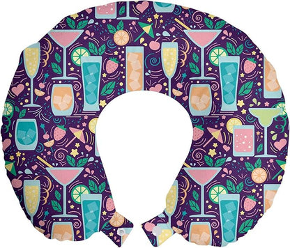 Ambesonne Celebration Travel Pillow Neck Rest, Cocktail Glasses Champagne Wine Party Margarita Fruits Hearts Alcoholic, Memory Foam Traveling Accessory for Airplane and Car, 12", Teal