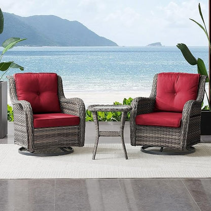 Belord Outdoor Swivel Rocker Wicker Chairs Set of 3, High Back Swivel Patio Chairs Wicker Furniture Set, 2 PCS Rattan Swivel Rocking Chair with Side Table, Red Cushion