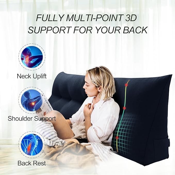 WOWMAX 80% Cotton & 20% Linen Blend Headboard Pillow – Full Size Reading Wedge Backrest for Bed, Handmade Firm Support Bolster Cushion with Removable Cover, Premium Bed Rest Pillow, Blue