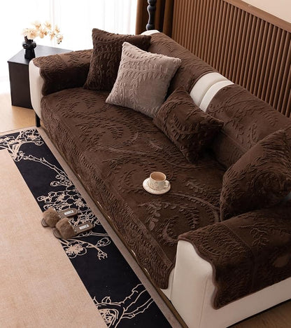 Fuzzy Rabbit Plush Sofa Cover Cozy Warm Sofa Couch Covers with 3D Jacquard Leaf Pattern Non-Slip Easy-to-Install Shaggy Sofa Slipcover Prefect for Kids Dogs Cats Cats(Caramel,36"x110")