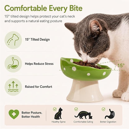Green Mushroom Cat Bowl, Elevated Ceramic Bowl for Cats | Elevated, Ceramic, Whisker Friendly, Wide Opening, Anti Vomiting