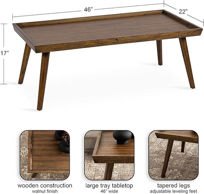 Kate and Laurel Eastmont Rectangle Wood Coffee Table; 46 x 22 x 17; Walnut Brown; Large Mid-Century Wooden Living Room Table with Stylish Tapered Legs and Adjustable Feet