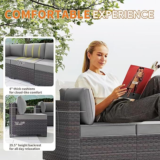 Gotland 10 Pieces Patio Furniture Set with Fire Pit Table, All Weather Rattan Outdoor Furniture with 29.5'' High Backrest 4’’ Thick Cushions Coffee Table, Outdoor Sofa for Deck, Garden, Backyard, Gray