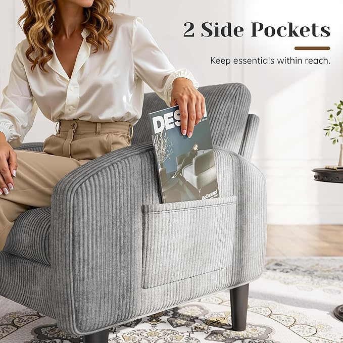 Accent Chair,Comfy,Mid-Century,2 Side Pockets,Armchair,Upholstered Bedroom Chair for Apartment,Waiting Room,Grey