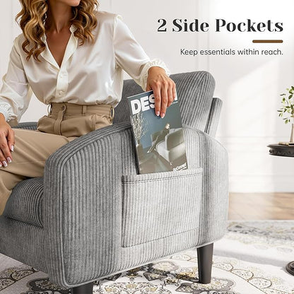 Accent Chair,Comfy,Mid-Century,2 Side Pockets,Armchair,Upholstered Bedroom Chair for Apartment,Waiting Room,Grey