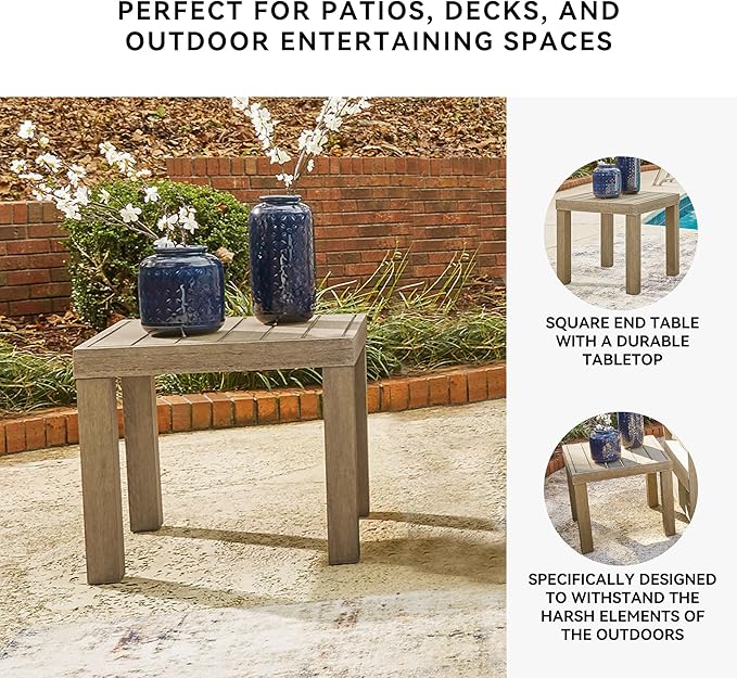 Signature Design by Ashley Silo Point Casual Outdoor Square Patio End Table with Slatted Styling, Multi-Step Finish, Eucalyptus Wood, 20.5" High, Brown