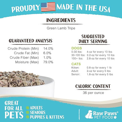 Raw Paws Signature Pet Food for Dogs & Cats - Green Lamb Tripe, 1-lb Rolls (20 Pack) - Fresh Pet Food Made in USA - Natural Dog Food Rolls - Raw Frozen Dog Food – Green Lamb Tripe for Dogs & Cats