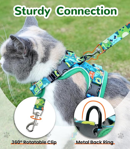 Halypet Cat Harness and Leash Set for Walking, Escape Proof Adjustable Vest Harness with 3-in-1 Integrated Buckles, Easy Control Soft Breathable Mesh with Reflective Strips for Cats, S Green Monster
