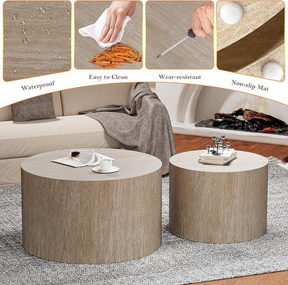Round Travertine Coffee Table Set of 2 Modern Stripe Circle Nesting Side Tables No Assembly for Living Room Balcony Yard (E-26.77+19.7in)