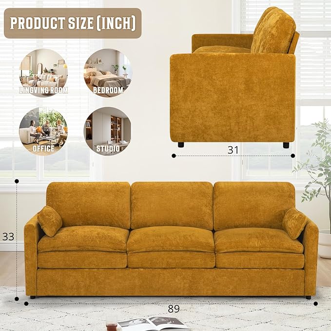 89" Chenille Modern Couch with Cozy & Soft Backrests, 3 Seats Sofa with 2 Extra Pillows, Comfy Upholstered Sofa with Thicker Cushions for Living Room, Office,Yellow