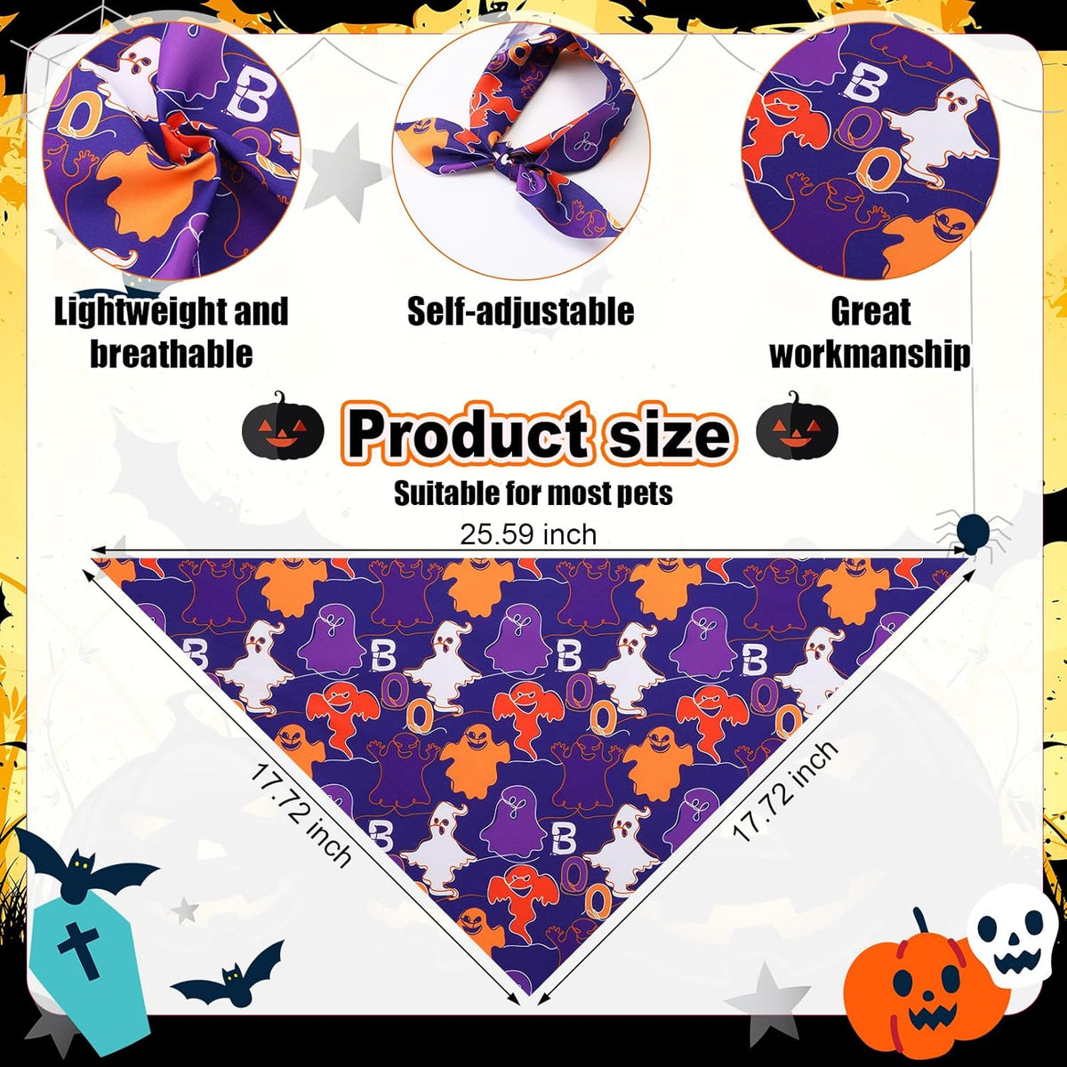Reginary 72 Packs Halloween Dog Bandanas Bulk Pumpkin Ghost Pet Bandanas Triangle Scarf Bibs Adjustable Dogs Bandana for Halloween Thanksgiving