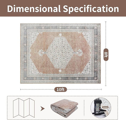 Washable Rugs 8x10 Area Rugs for Living Room,Bedroom,Dining Room- Soft Low Pile Stain-Resistant Carpet with Non-Slip Rubber Backing,Large Vintage Area Rug for Nursery Home Office Decor