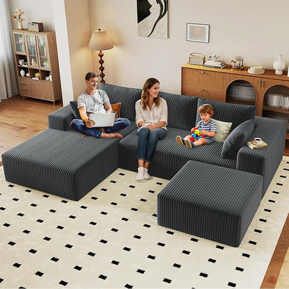 96" U-Shape Cloud Couch, Modern Modular Sectional L-Shape Sofa with Ottoman, Corduroy Upholstered Couches Deep Seat Chaise Longue for Living Room, No Assembly Required(Dark Gray, Left Facing)