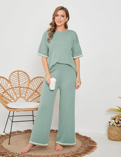 Faleave Womens Knit 2 Piece Sweater Sets Short Sleeve Pullover Tops Elastic Waist Wide Leg Pants Lounge Set