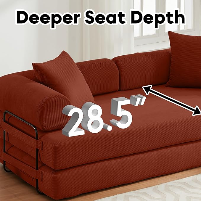 Convertible Sleeper Sofa Bed with Cylindrical Pillow, Corduroy Folding Boneless Couch with Fixed-Shape Frame, Floor Sofa Lounge Couch for Living Room Bedroom Lounge Studio-Ancora Red