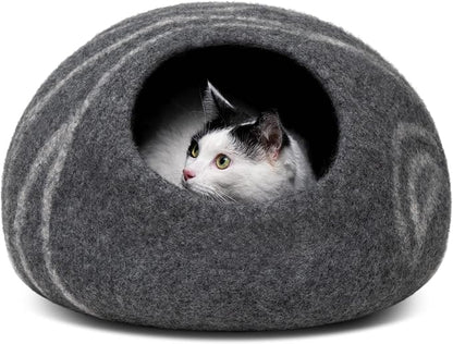 Cat Cave – Premium Felt Cat Bed Enclosure for Indoor Cats, Handmade Merino Wool (Dark Grey, Large)