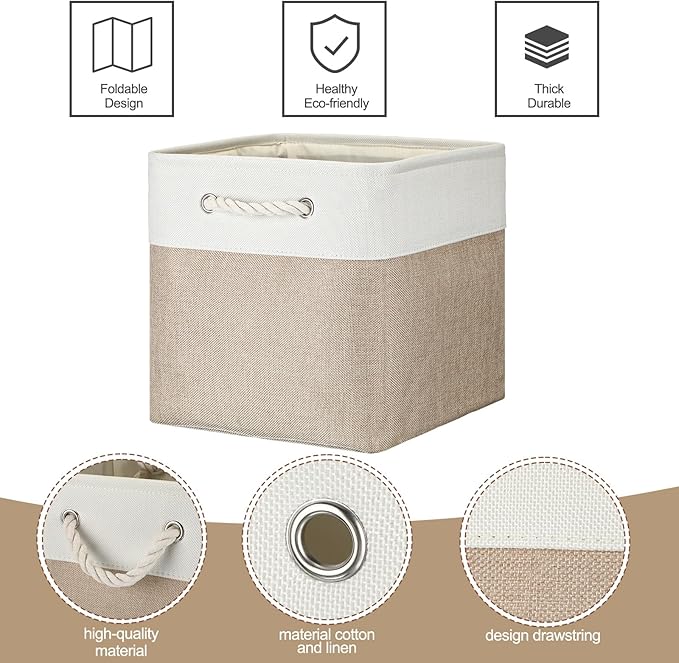meekoo 8 Pack Collapsible Storage Bins Fabric Storage Bins Polyester Fabric Baskets with Handles Linen Closet Organizer for Shelf Home Closet Towels Toys(12 x 12 x 12 in,Beige)