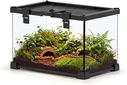 12"x8"x8" Reptile Terrarium, Escape-Proof Glass Terrestrial Vivarium for Hatchling Snakes Such as Corn Snakes, with Escape-Proof Lock & Feeding Hatch