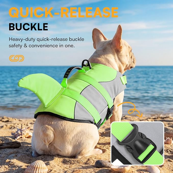 Dog Life Jacket Ripstop Shark Dog Safety Vest Adjustable Preserver with High Buoyancy and Durable Rescue Handle for Small,Medium,Large Dogs, Green Shark Small