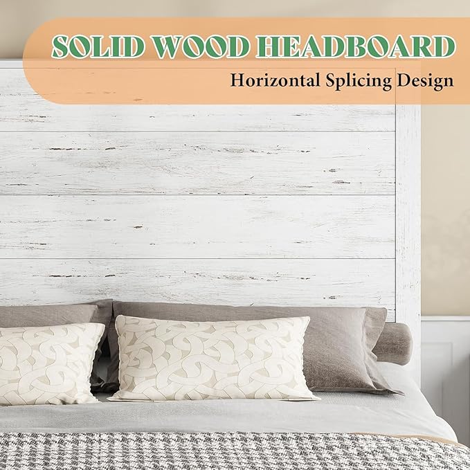 AMERLIFE King Size 51.2" Wood Bed Frame, Rustic Platform Bed with Spliced Headboard, Wood Slats Support/No Box Spring Needed/Noiseless/Antique White