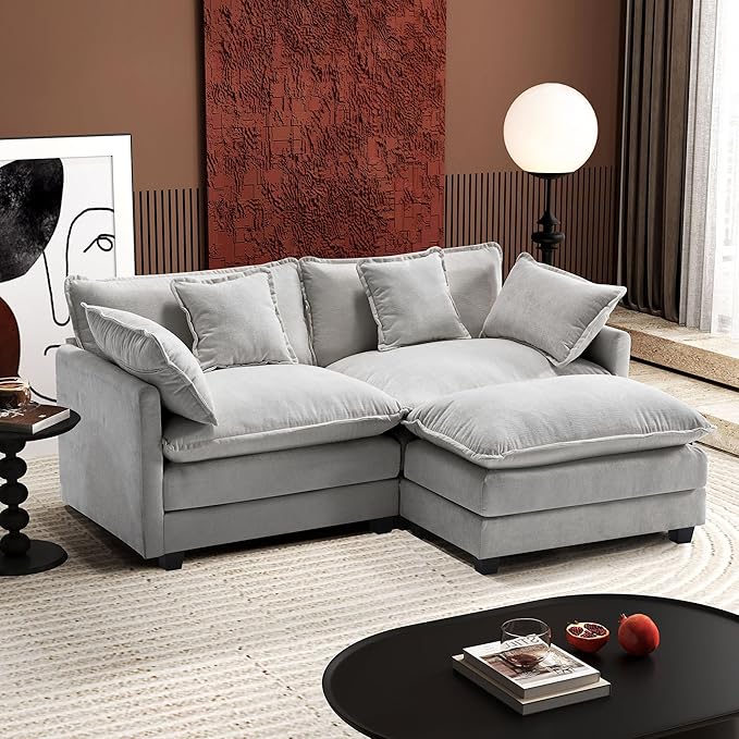 Ihanherry 77" L Shaped Modern Sofa Modular Sectional Cloud Couch with Ottoman, 3-Seat Chenille Deep Seat Sofa with Pillow for Living Room, Bedroom and Apartment, Grey