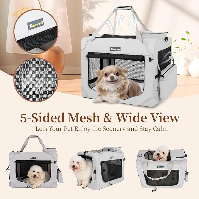 Large Cat Carrier for Cats Collapsible Soft Pet XL Crate for Large/Medium Cats 15lbs+, Car Travel Portable Bag with Water Bottle Slot Ideal for Long Trips (Grey, 20.0"L x 14.0"W x 14.0"H)