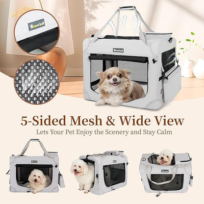 Large Cat Carrier for Cats Collapsible Soft Pet XL Crate for Large/Medium Cats 15lbs+, Car Travel Portable Bag with Water Bottle Slot Ideal for Long Trips (Grey, 20.0"L x 14.0"W x 14.0"H)