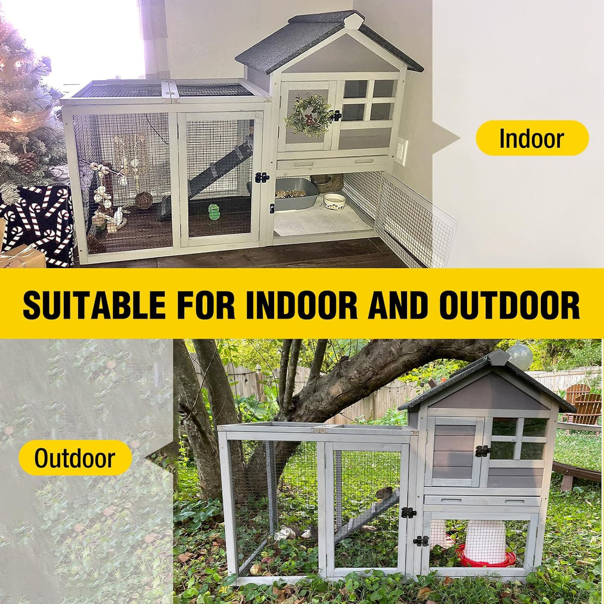 Aivituvin Rabbit Hutch Indoor Bunny Cage Outdoor with Run Chicken Coop Guinea Pig House with Waterproof Asphalt Roof,No Leakage Pull Out Tray (103.2" L x 25.2" W x 36.2" H, Grey-2 Sets)